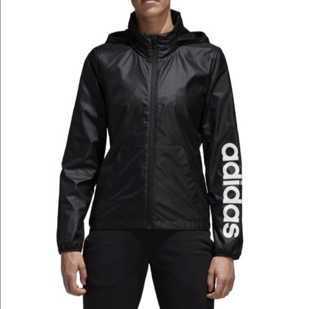 adidas Black Hooded Windbreaker Jacket with White Sleeve Logo